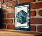 A metal sign with a blue border and a white border depicting a basket of blueberries is hanging on a brick wall.