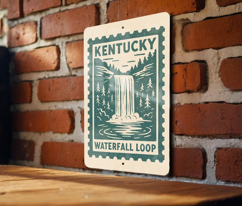 A sign for Kentucky's Waterfall Loop is displayed on a brick wall.