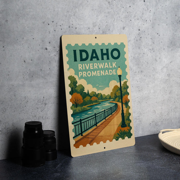 A poster or sign for Idaho Riverwalk promenade, featuring a scenic illustration of a river, park, and lamppost.