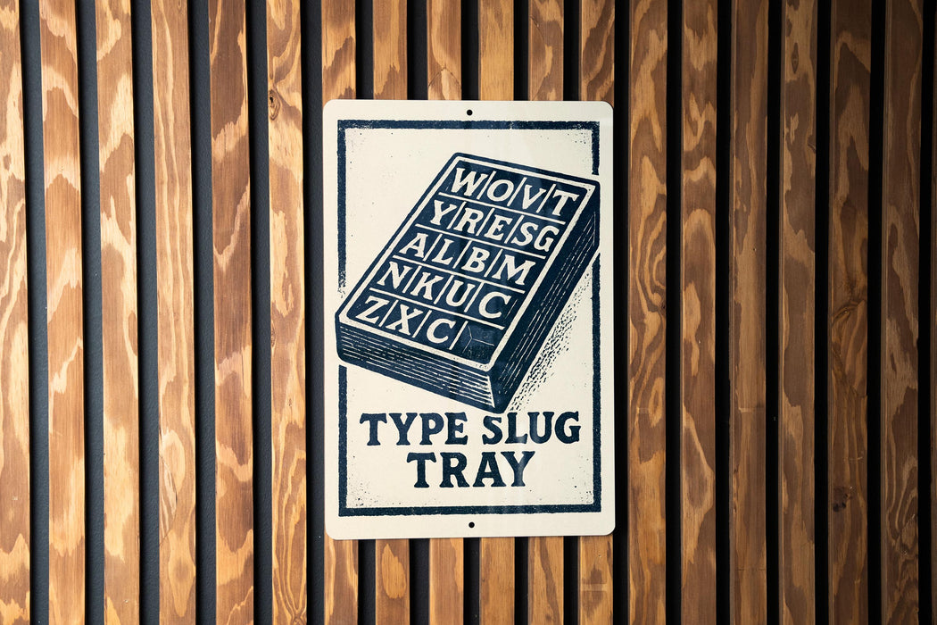 a sign with the text "Type Slug Tray" on it, mounted on a wooden wall.