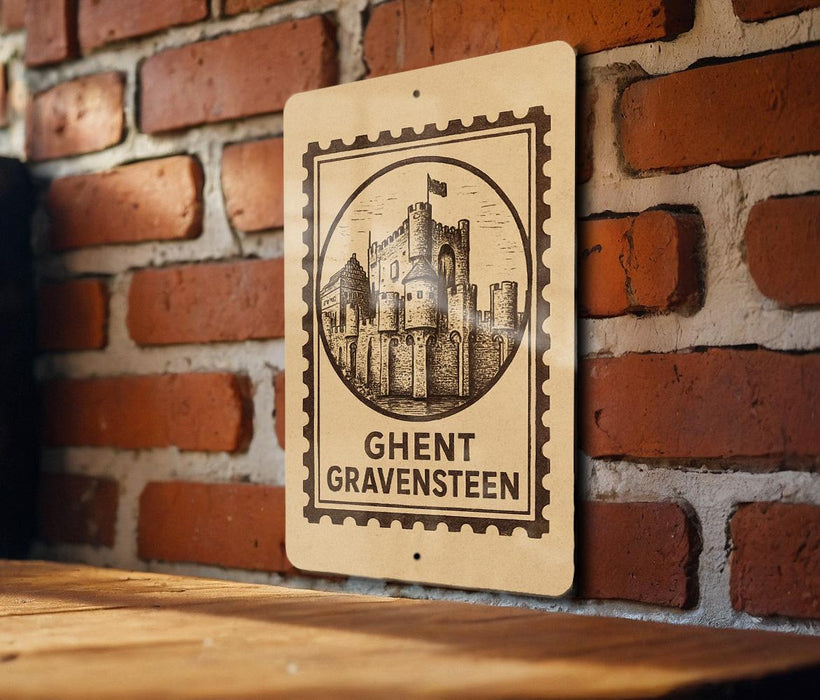a sign with a castle illustration on it, mounted on a brick wall.