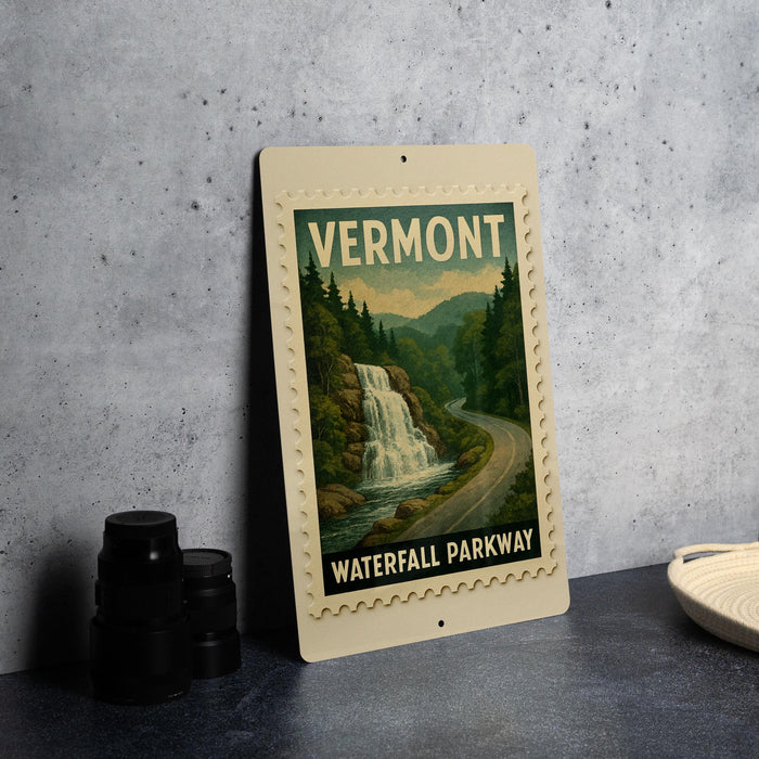 A framed poster of Vermont's Waterfall Parkway, featuring a scenic image of a waterfall surrounded by lush greenery.