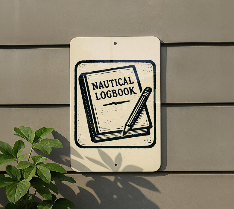 a sign that reads "Nautical Logbook" with a pencil and a book illustration, mounted on a wall.