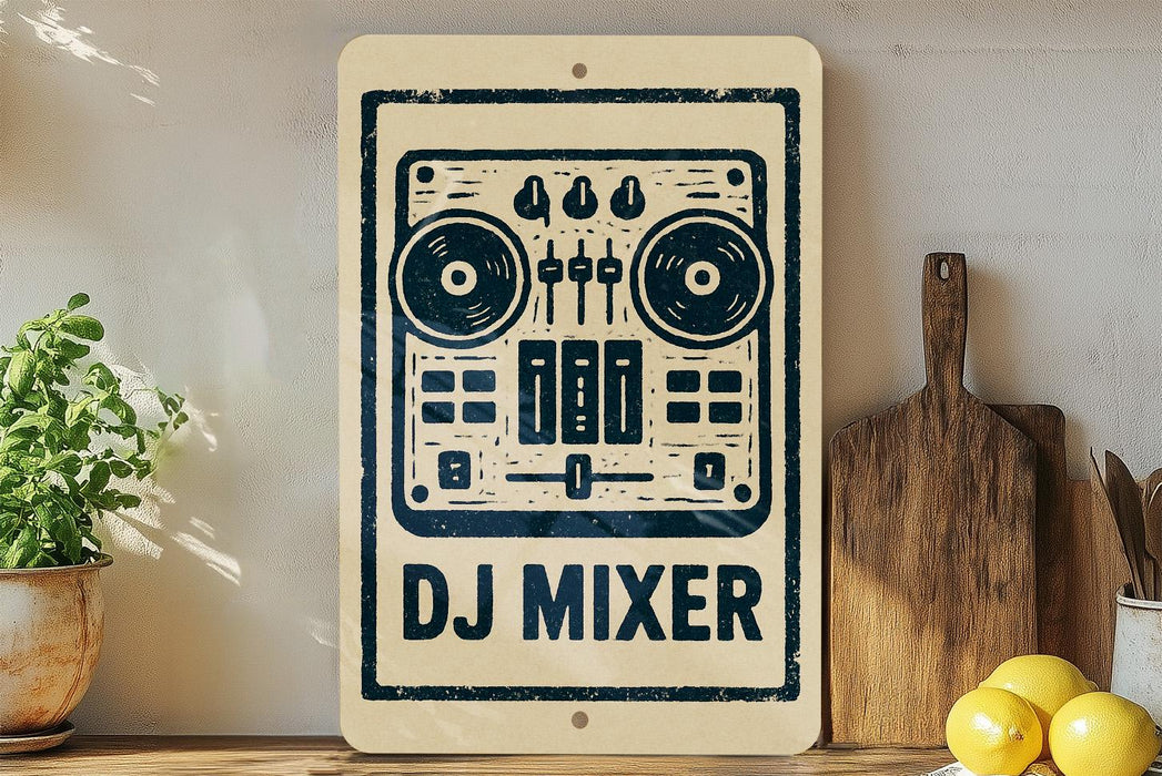 A vintage-style sign for a DJ mixer is displayed on a wooden shelf, accompanied by a potted plant, a cutting board, and some lemons.