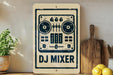 A vintage-style sign for a DJ mixer is displayed on a wooden shelf, accompanied by a potted plant, a cutting board, and some lemons.
