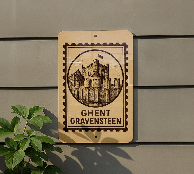 a sign with a castle illustration on it, mounted on a wall.