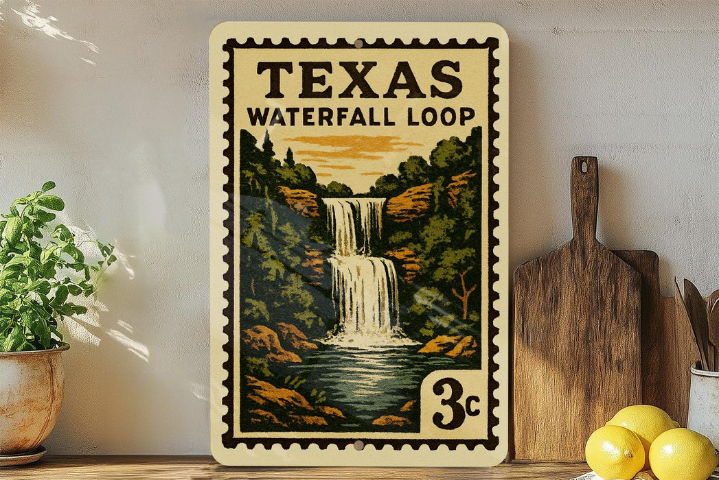 A vintage-style metal sign depicting a waterfall, with the text "TEXAS WATERFALL LOOP" and a price of 3 cents.