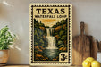 A vintage-style metal sign depicting a waterfall, with the text "TEXAS WATERFALL LOOP" and a price of 3 cents.