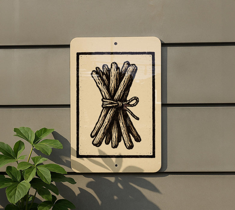a sign with a black and white illustration of a bundle of sticks or branches, mounted on a wall.