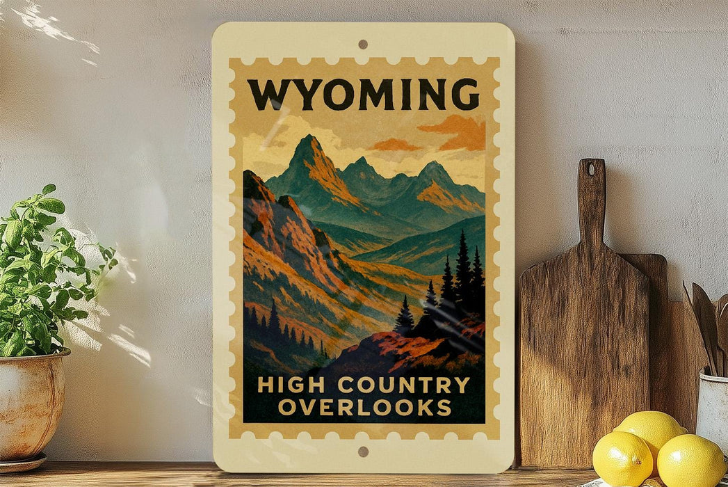 A vintage-style stamp depicting a mountainous landscape with the text "Wyoming High Country Overlooks" is displayed on a wall, accompanied by a wooden cutting board and a potted plant.