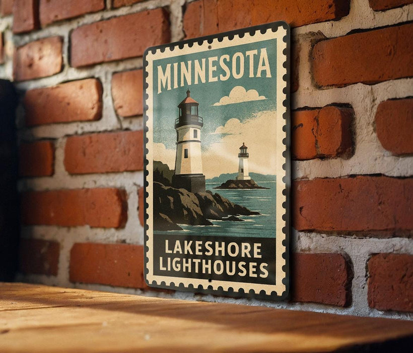 A vintage-style metal sign with a lighthouse illustration and the text "MINNESOTA LAKESHORE LIGHTHOUSE" is displayed on a brick wall.