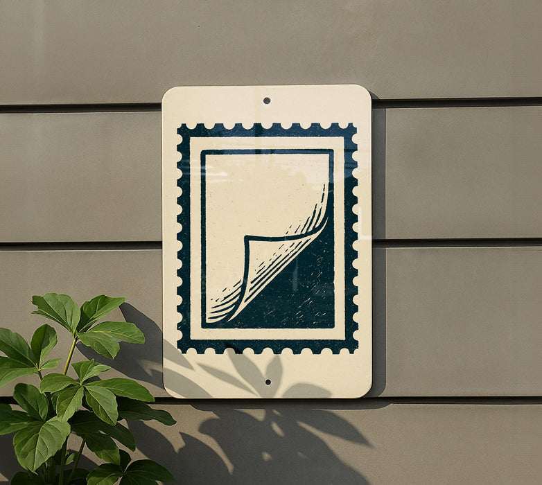 a white sign with a black stamp-like design on it, mounted on a wall next to a plant.