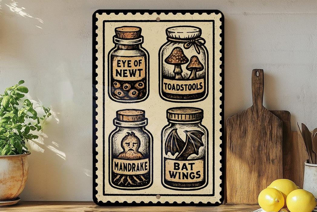 A metal sign with illustrations of four jars containing different items, including a bottle labeled "EYE OF NEWT", a jar labeled "TOADSTOLE", a jar labeled "MANDRAKE", and a jar labeled "BAT WINGS". The sign is displayed on a wooden shelf, with a potted plant and a wooden cutting board visible in the background.