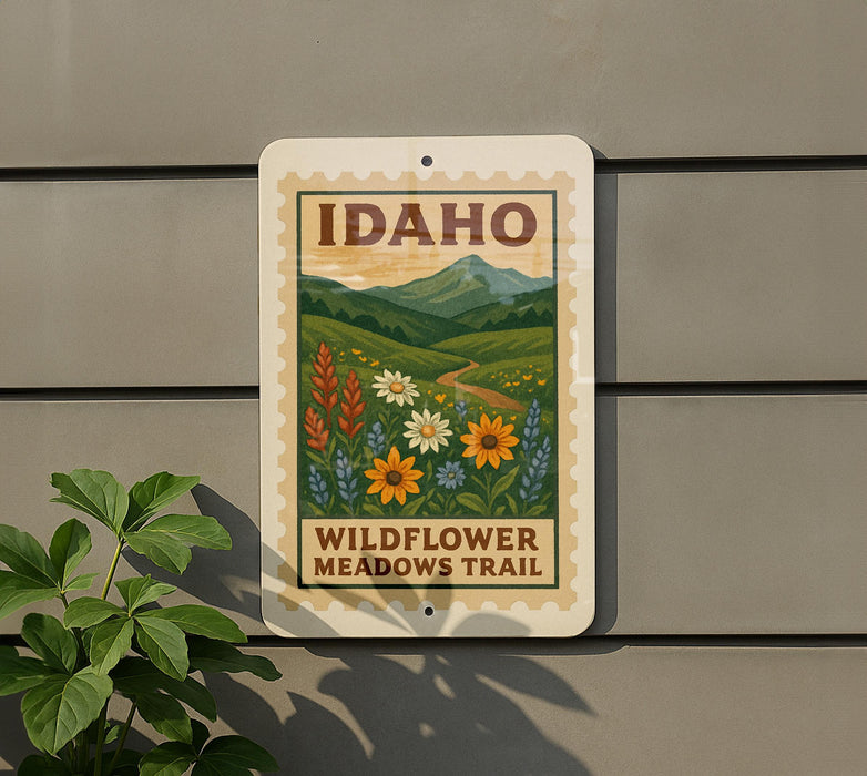 A sign for Idaho's Wildflower Meadows Trail is displayed on a wall, featuring a scenic illustration of a meadow with wildflowers and mountains in the background.