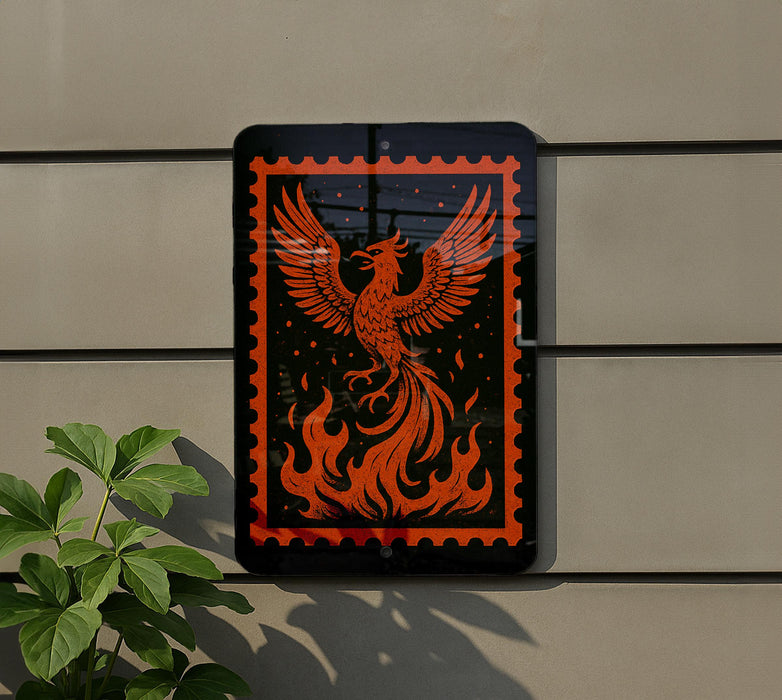 a sign with an orange and black design depicting a phoenix, a mythical bird that rises from the ashes.