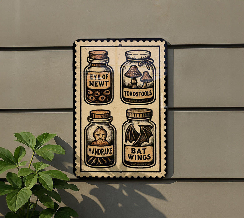 A sign with four jars containing different items, including a mushroom, a bat, a mandrake, and toadstools, mounted on a wall.