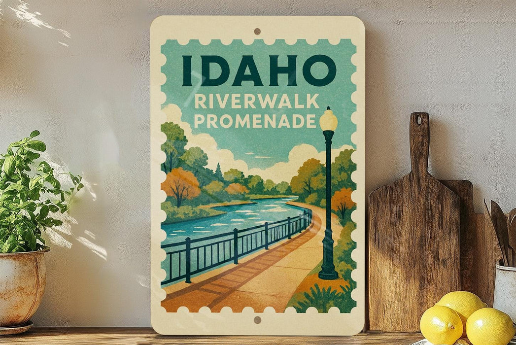 A vintage-style sign for Idaho Riverwalk promenade, featuring a scenic illustration of a river, park, and walking path.