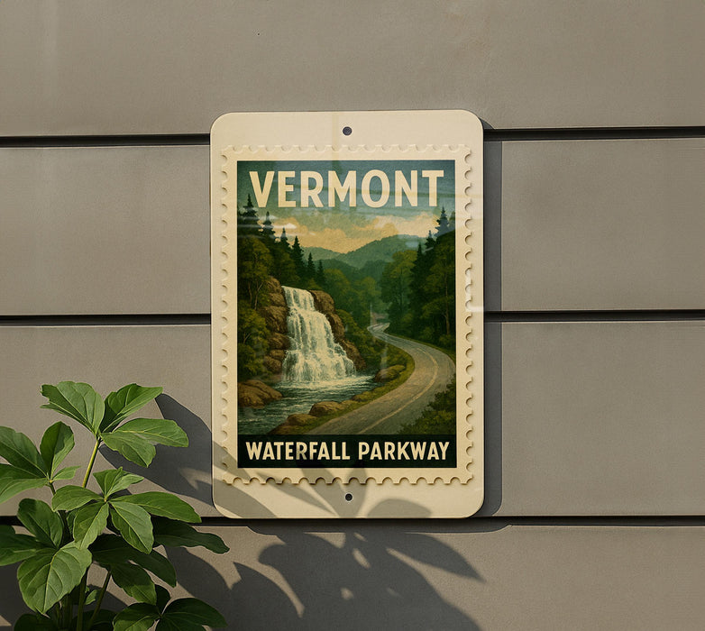 A vintage-style sign for Vermont Waterfall Parkway is displayed on a gray wall, featuring a scenic image of a waterfall surrounded by trees.