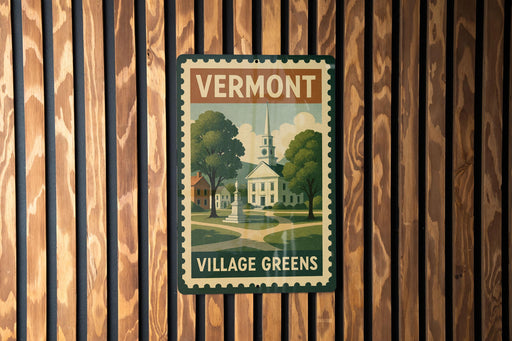 A vintage-style sign for Vermont Village Greens, featuring a church and a park, is displayed on a wooden wall.