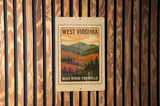 A metal sign with a vintage-style illustration of a mountainous landscape, mounted on a wooden wall.