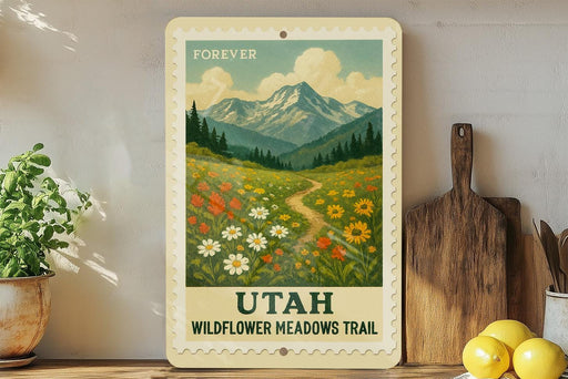 A vintage-style sign depicting a scenic mountain landscape with wildflowers, mounted on a wall next to a wooden cutting board and a potted plant.