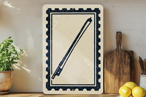 a framed print of a bow and arrow on a shelf, surrounded by kitchen utensils and a potted plant.