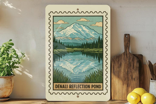 a framed illustration of a mountain lake with a wooden paddle and a wooden cutting board on a shelf.