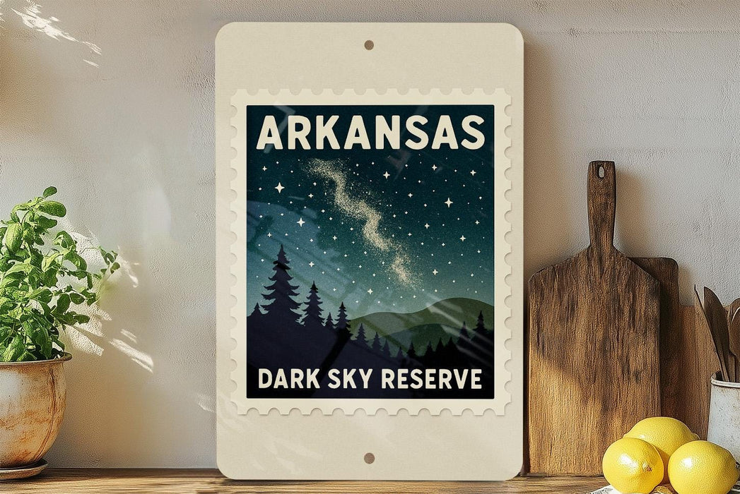 A framed poster of a night sky with stars and silhouetted trees, depicting the Arkansas Dark Sky Reserve, is displayed on a shelf next to a wooden cutting board and a potted plant.