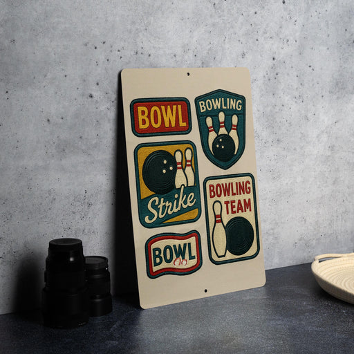 A sign with various bowling-related graphics and text, including a bowling ball, pins, and the words "BOWLING" and "BOWLING TEAM".
