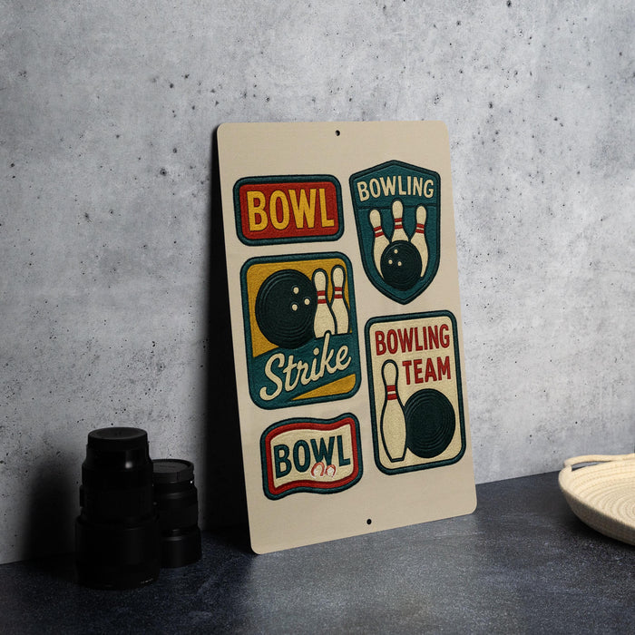 A sign with various bowling-related graphics and text, including a bowling ball, pins, and the words "BOWLING" and "BOWLING TEAM".