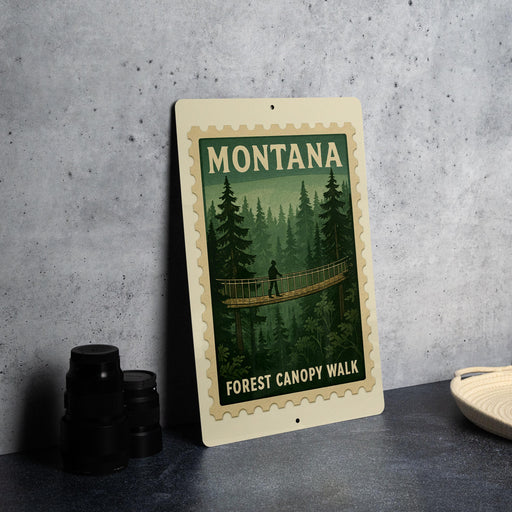 A framed poster of a forest canopy walk in Montana, featuring a person walking on a bridge surrounded by pine trees.
