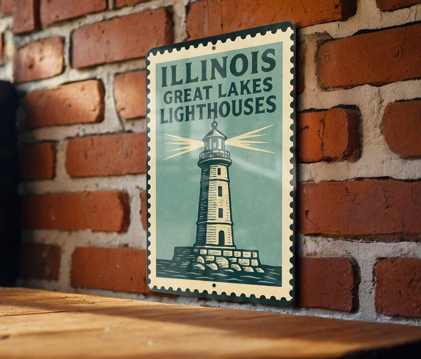 A vintage-style metal sign with the text "ILLINOIS GREAT LAKES Lighthouses" and an illustration of a lighthouse on a brick wall.