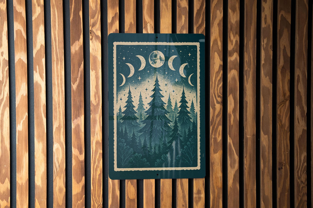 A framed poster depicting a night scene with a forest and crescent moon is hanging on a wooden wall.