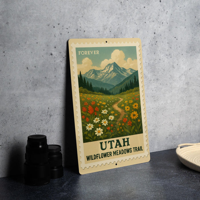 A metal sign with a vintage-style illustration of a mountain landscape and wildflowers, along with the text "Forever Utah Wildflower Meadows Trail".