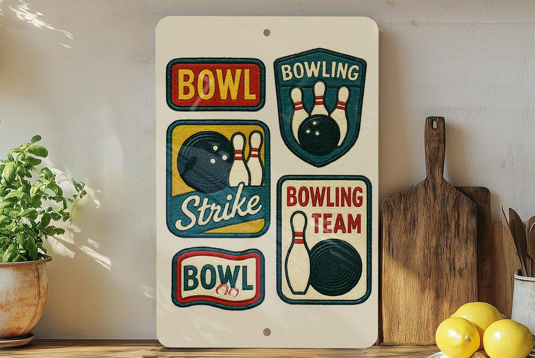 a sign with various bowling-related graphics and text, including a bowling ball, pins, and the words "BOWLING" and "BOWLING TEAM".