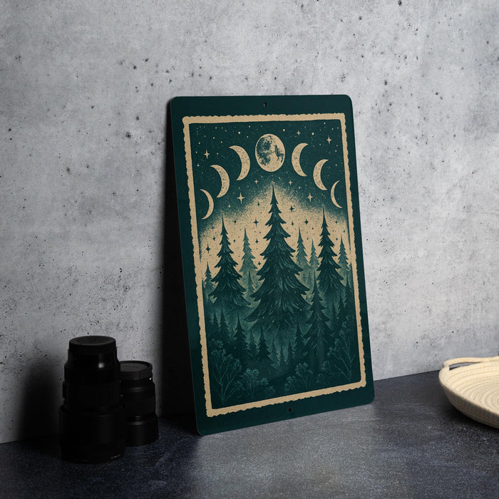a framed artwork depicting a forest scene with pine trees and a crescent moon, placed on a dark surface next to a stack of black camera lenses.