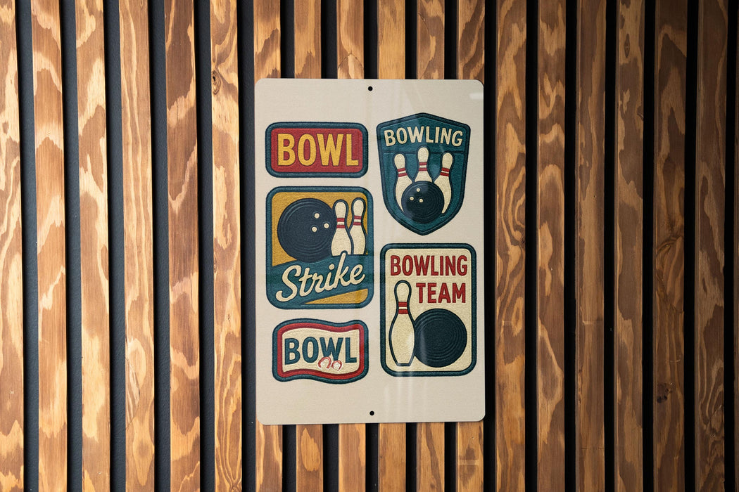 A sign with the word "BOWL" and various bowling-related icons, including bowling pins, a bowling ball, and a bowling team logo, is displayed on a wooden wall.