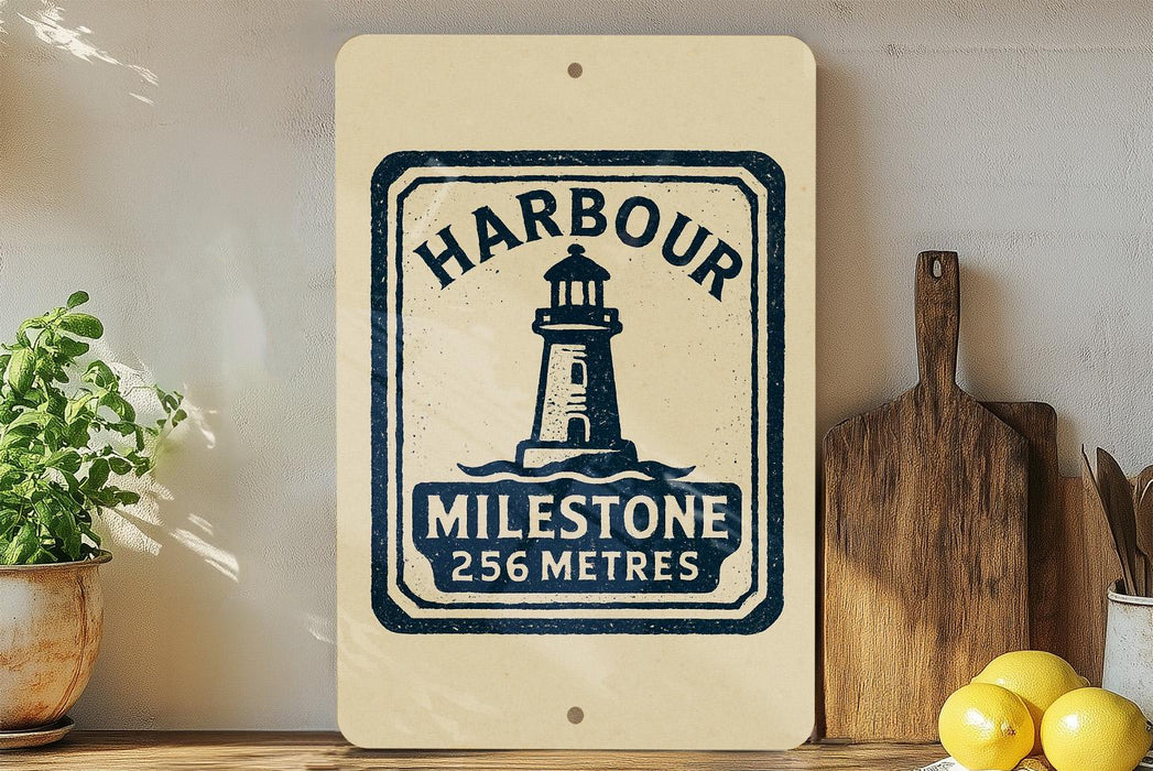 a sign with a lighthouse and the text "Harbour", along with the text "MILESTONE 256 METRES" indicating the distance to the lighthouse. The sign is displayed on a shelf, with a potted plant and a cutting board nearby.