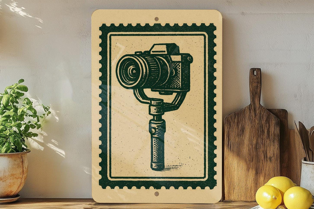 a framed illustration of a camera on a shelf, with a potted plant and a wooden cutting board visible in the background.