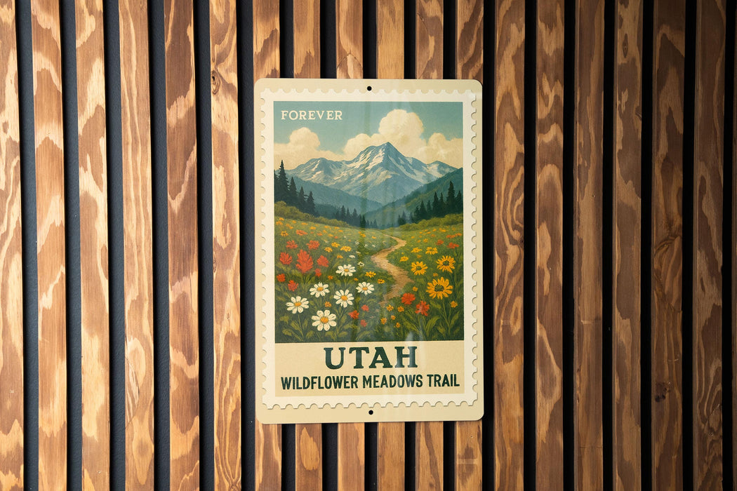 A vintage-style postage stamp featuring a mountain landscape with wildflowers, mounted on a wooden wall.