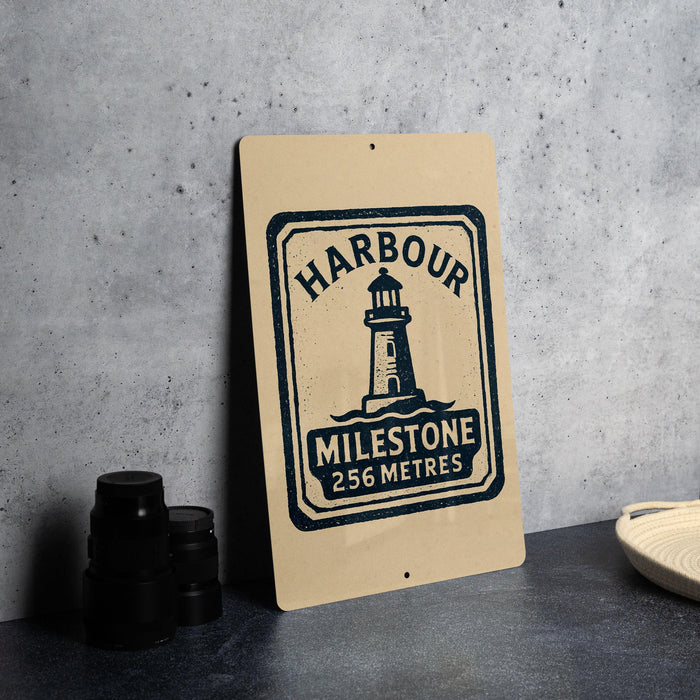 a sign with the text "HARBOUR MILESTONE 256 METRES" and a lighthouse graphic, placed on a countertop next to some black camera lenses.
