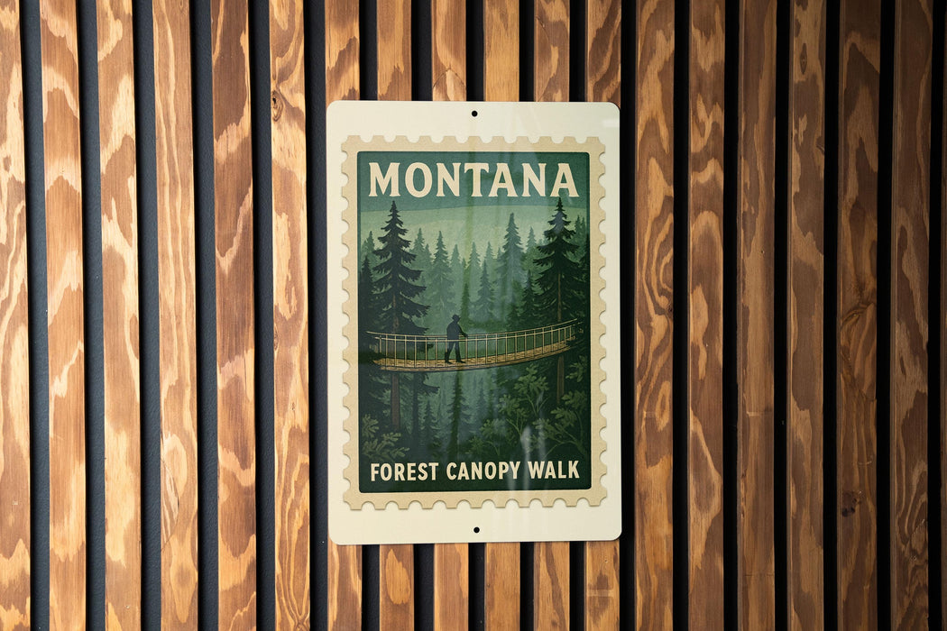 A metal sign with a forest canopy walk in Montana, featuring a person walking on a bridge surrounded by pine trees.