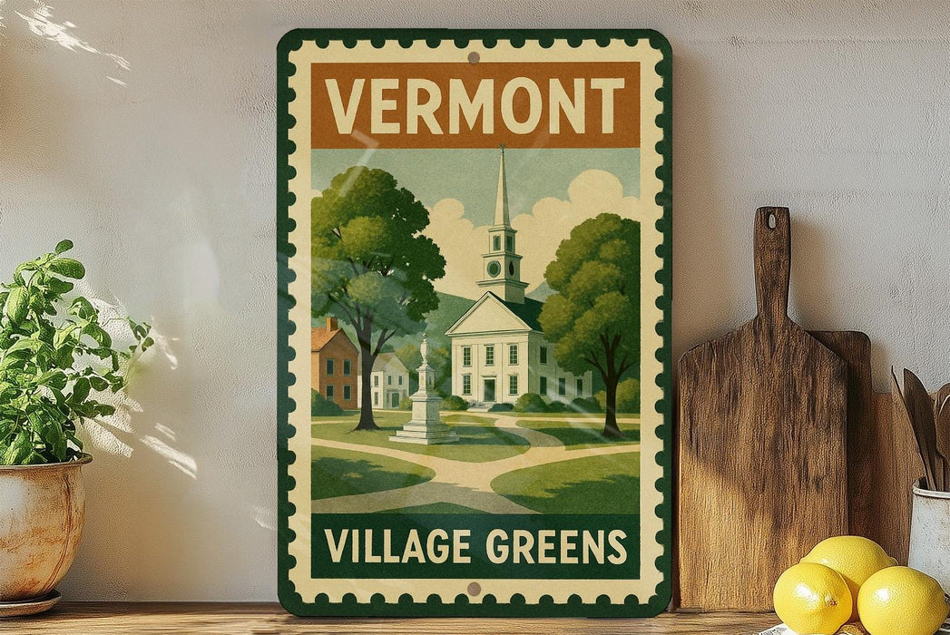 A vintage-style sign for Vermont Village Greens, featuring a church and a town square, is displayed on a shelf next to a wooden cutting board and a potted plant.