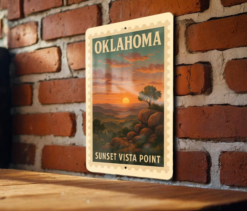 A vintage-style metal sign with the text "OKLAHOMA SUNSET Vista Point" hanging on a brick wall.