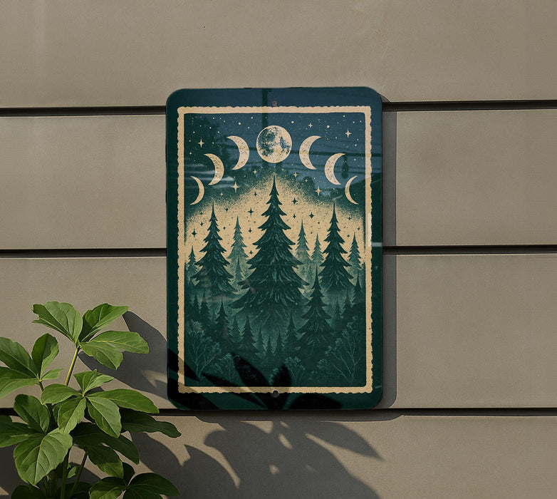 a framed artwork depicting a forest scene with pine trees and a crescent moon, mounted on a wall.