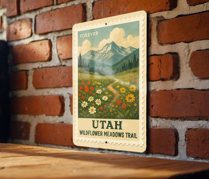 A vintage-style sign for the Utah Wildflower Meadows Trail, featuring a mountain landscape with wildflowers and a winding path.