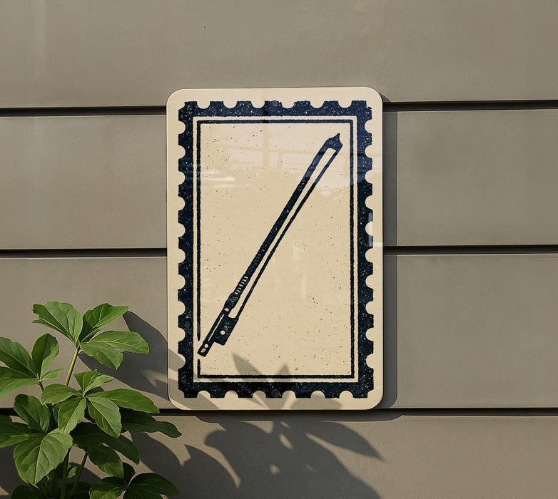 a sign with a black and white design, depicting a musical instrument, mounted on a wall.