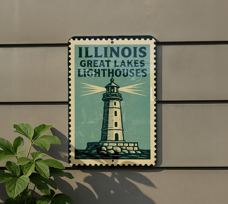A sign for Illinois Great Lakes Lighthouses, featuring a lighthouse illustration on a green background.