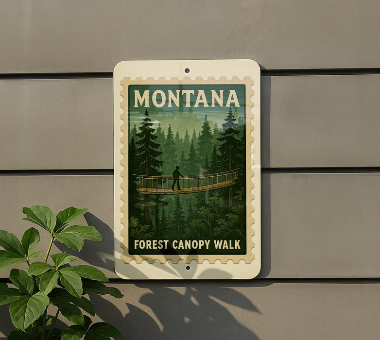 A sign for the Montana Forest Canopy Walk, featuring a silhouette of a person walking on a bridge surrounded by pine trees.