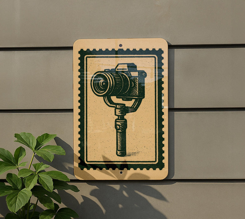 a sign with a camera depicted on it, mounted on a wall next to a plant.